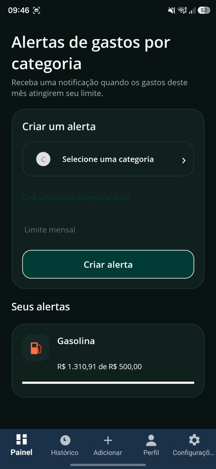 Tela de alertas de gastos do Tefaz com formulário de alerta e lista de limites.