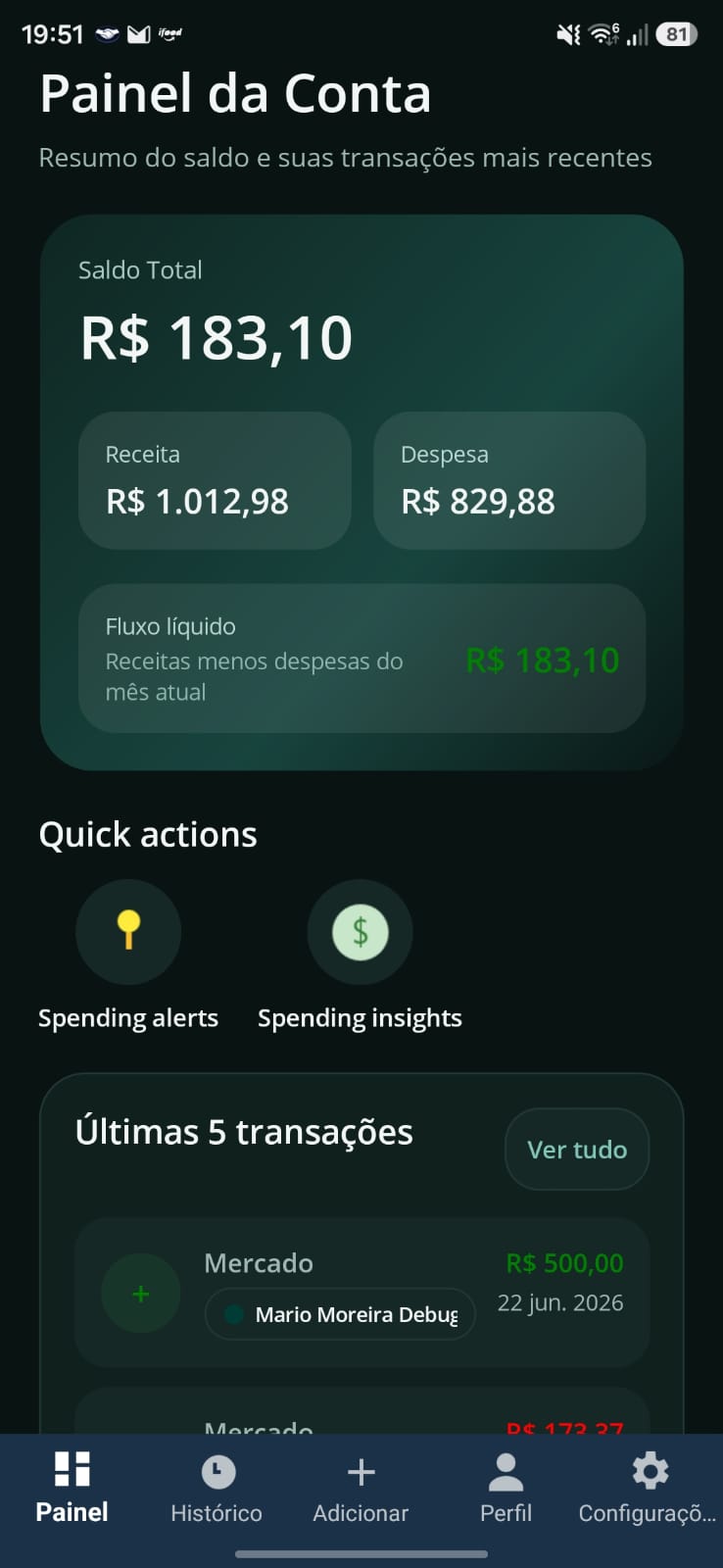 Tela do painel do Tefaz com saldo, receitas, despesas, atalhos e transações recentes.