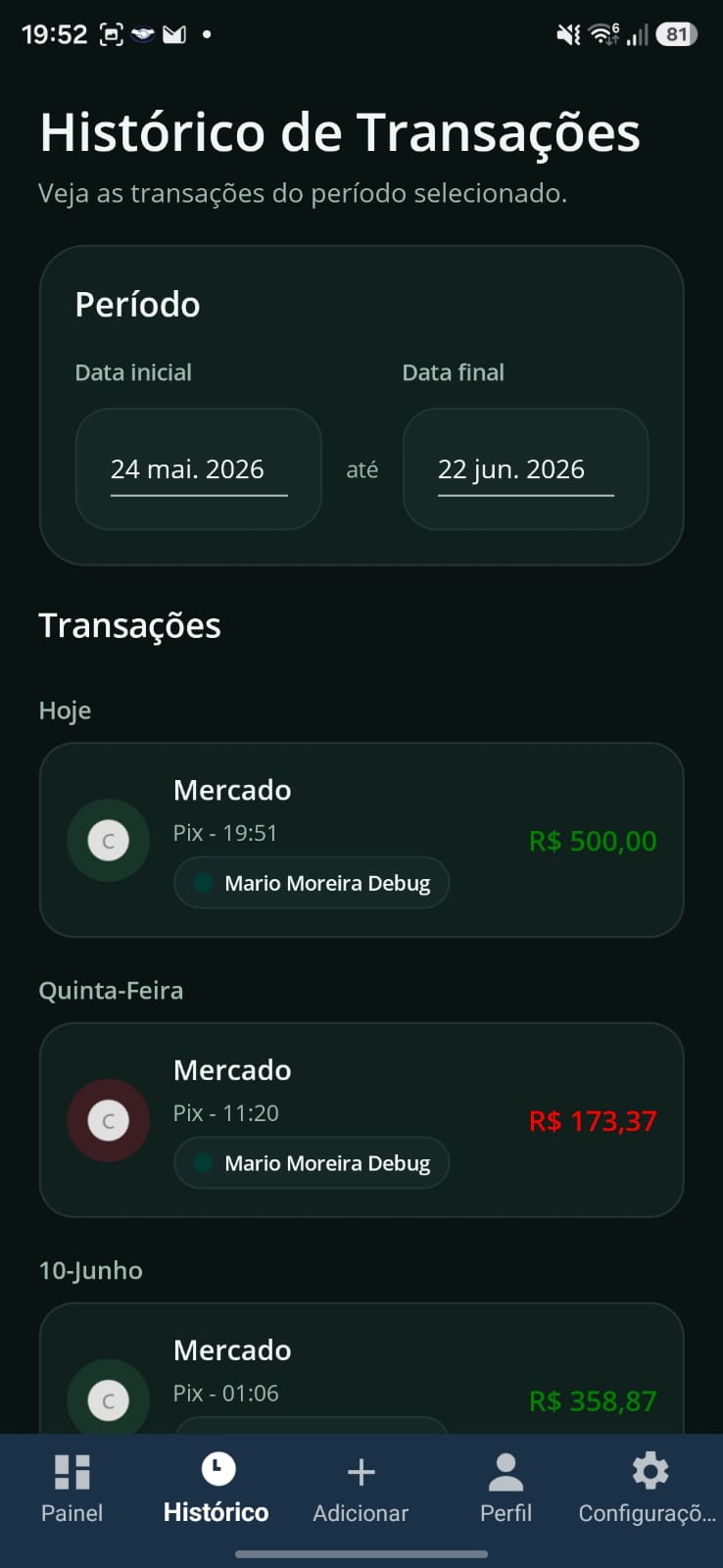 Tela de histórico de transações do Tefaz com filtro por período e lista de movimentações.